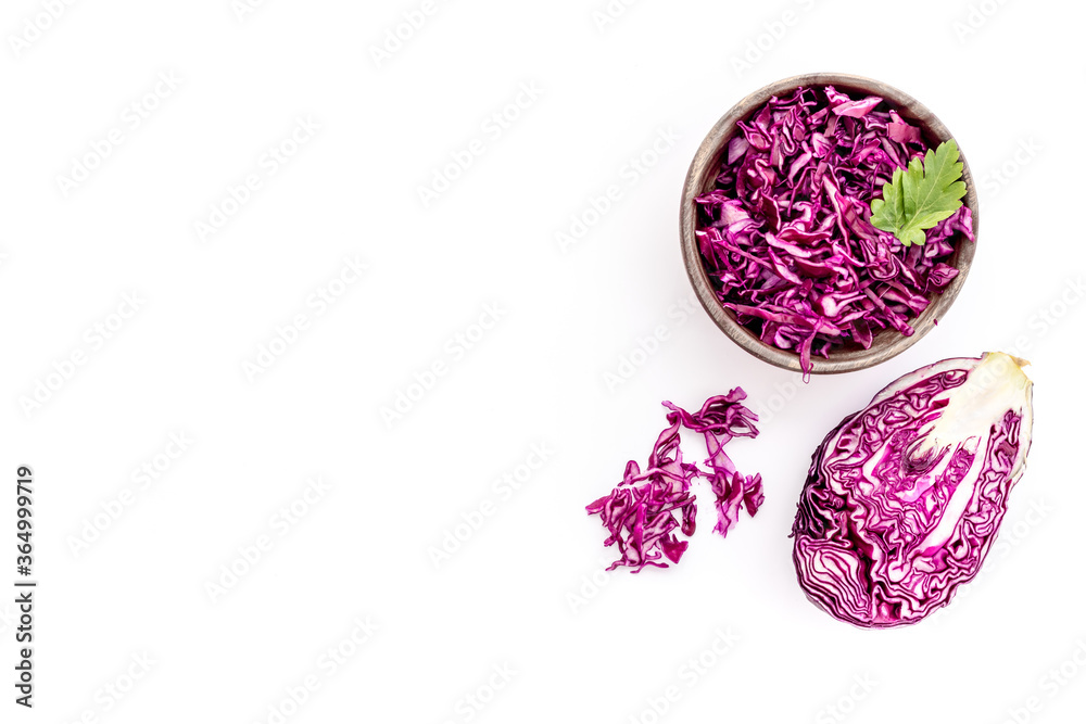 Red cabbage - coleslaw, cold-slaw - on white kitchen desk top-down copy space