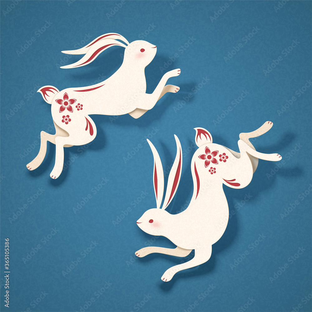 Papercut style two white rabbits