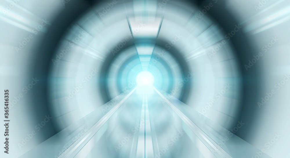 Abstract zoom effectin a bright tunnel background with traffic lights