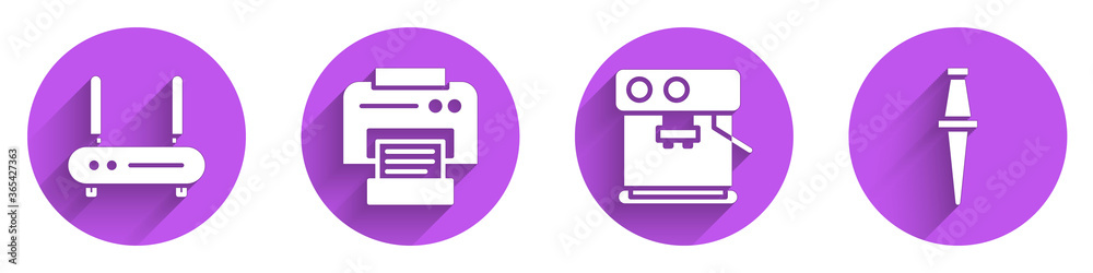 设置路由器和wi-fi信号、打印机、咖啡机和带有长阴影的图钉图标。矢量。