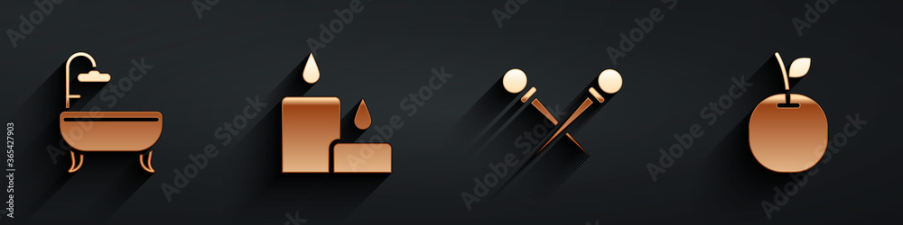 Set Bathtub, Burning candle, Knitting needles and Apple icon with long shadow. Vector.