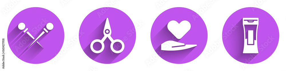 Set Knitting needles, Scissors, Heart on hand and Bottle of shampoo icon with long shadow. Vector.