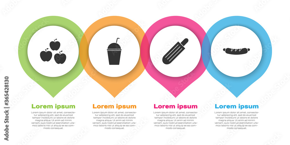 设置苹果、奶昔、法国热狗和热狗三明治。商业信息图模板。矢量。
