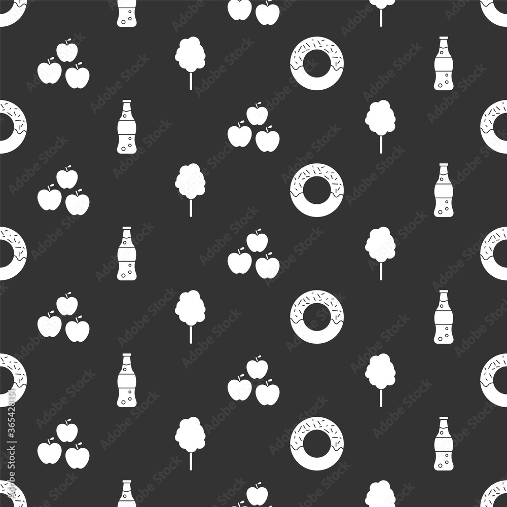 Set Donut, Bottle of water, Apple and Cotton candy on seamless pattern. Vector.