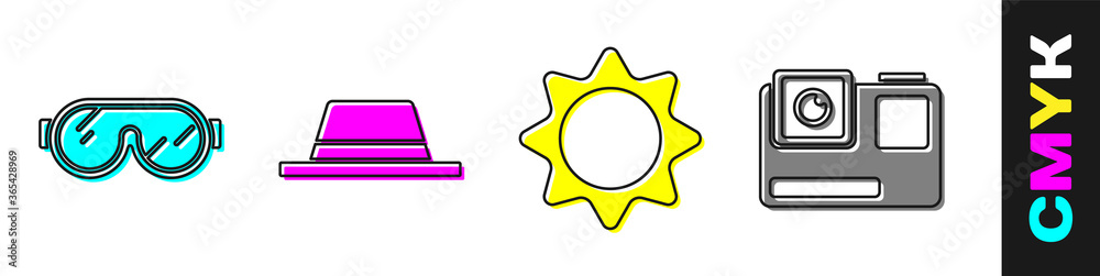 设置滑雪护目镜、带缎带的男子帽、太阳和动作极限相机图标。矢量。