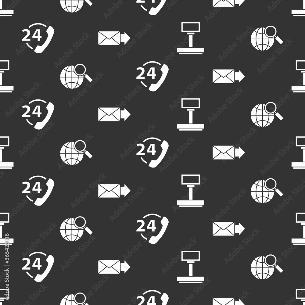 Set Scale, Magnifying glass with globe, Telephone 24 hours support and Envelope on seamless pattern.