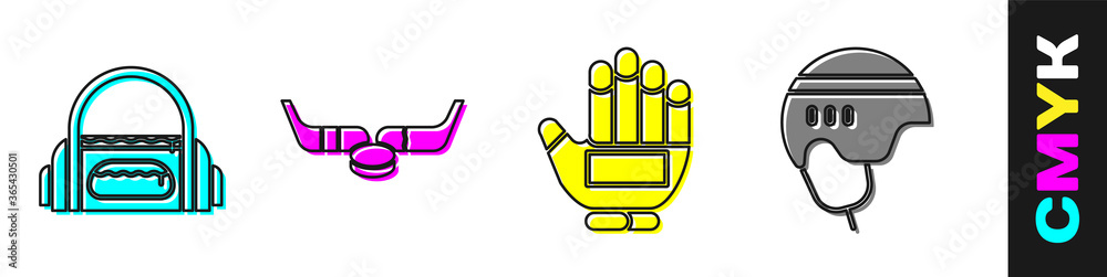 Set Sport bag, Ice hockey sticks and puck, Hockey glove and Hockey helmet icon. Vector.