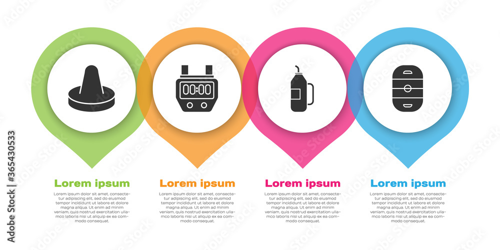 Set Mallet for playing air hockey, Stopwatch, Fitness shaker and Ice hockey rink. Business infograph