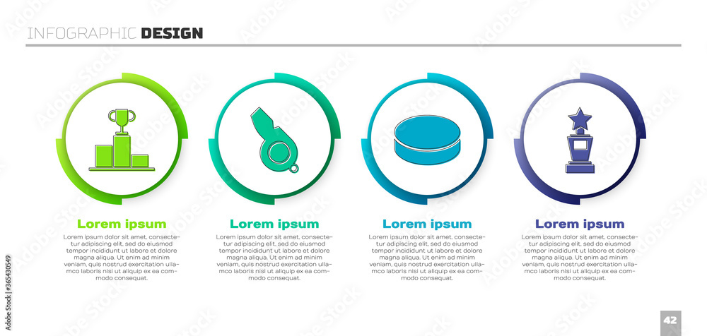 将冰球置于体育冠军领奖台、口哨、冰球和奖杯之上。商业信息图templ