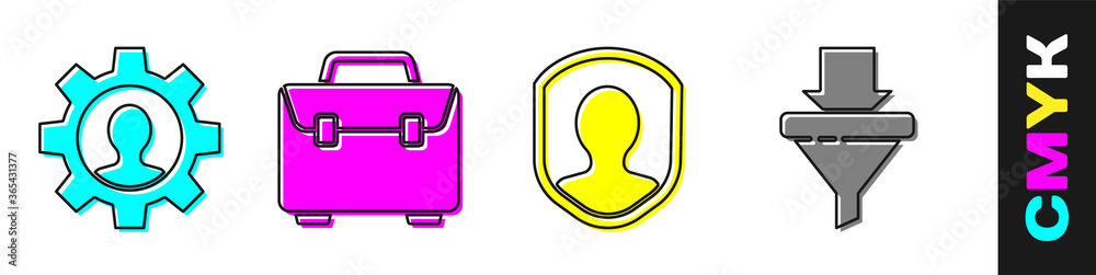 Set Human with gear in，Briefcase，User protection and Sales漏斗with arrows icon.Vector（设置带装备的人，公文包，用户保护