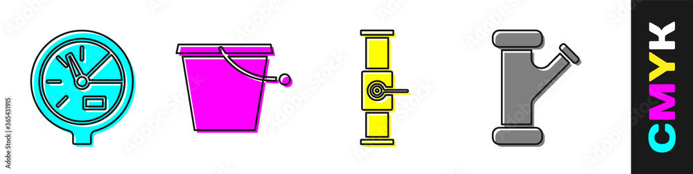 设置水表、水桶、工业管道和阀门以及工业金属管道图标。矢量。
