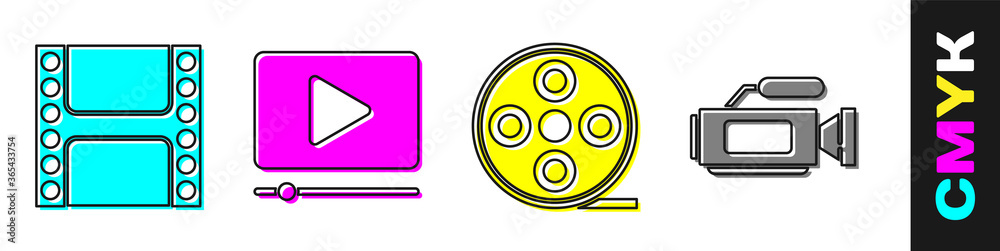 设置播放视频、在线播放视频、电影卷轴和影院摄像机图标。矢量。