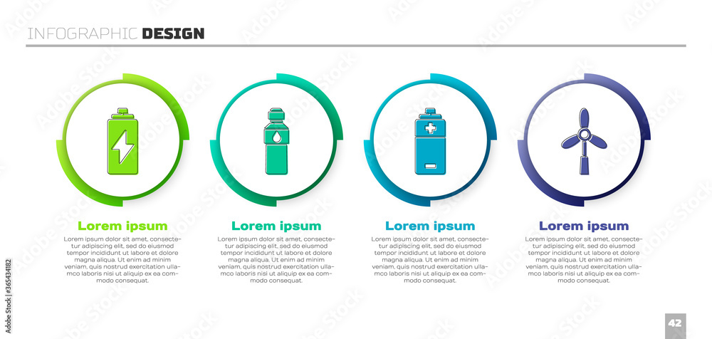设置电池、水瓶、电池和风力涡轮机。商业信息图模板。矢量。