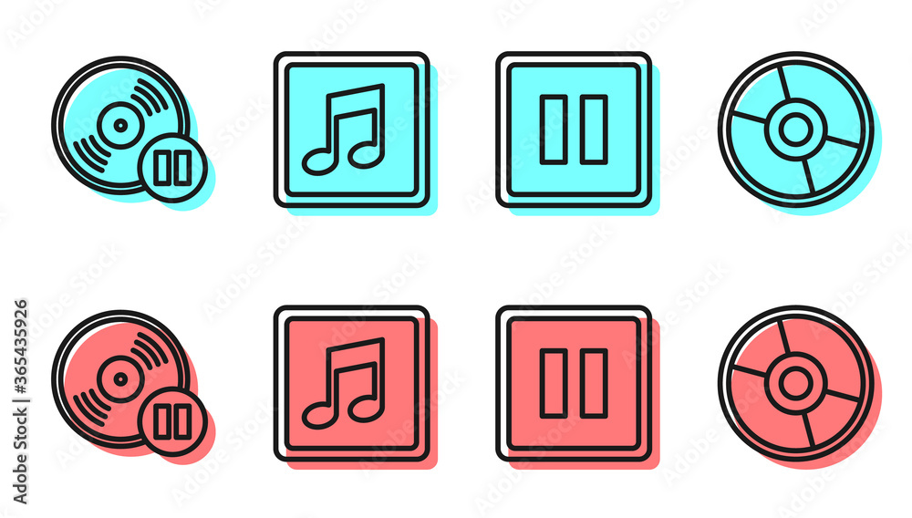 Set line Pause button，Vinyl disk，Music note，tone and CD or DVD disk icon.Vector（设置行暂停按钮、乙烯基光盘、音乐备忘、音