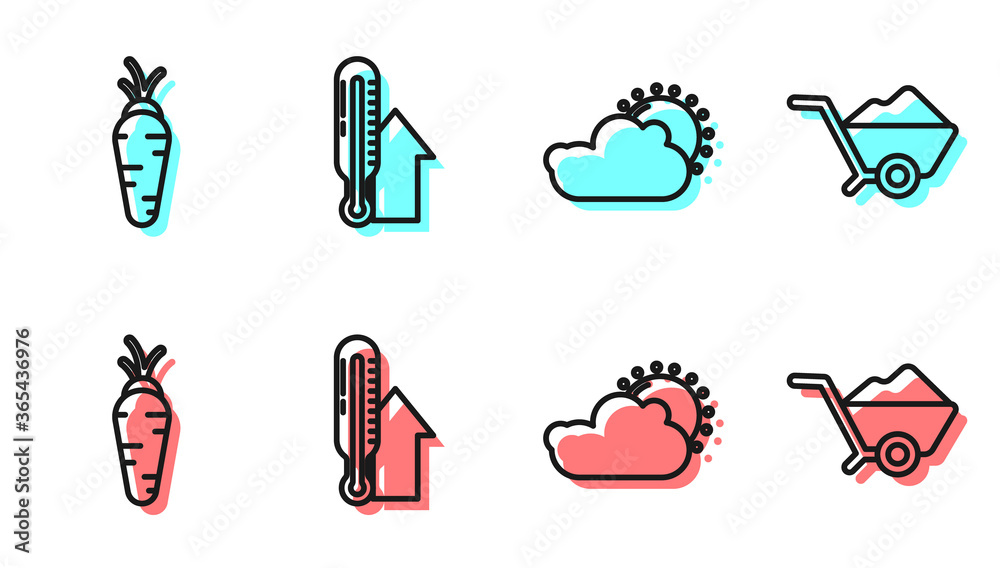 设置太阳和云层天气、胡萝卜、气象温度计和带有泥土图标的手推车。Vect