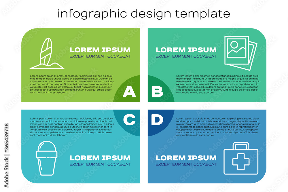 华夫饼冰淇淋筒、冲浪板、急救包和照片。商业信息图模板