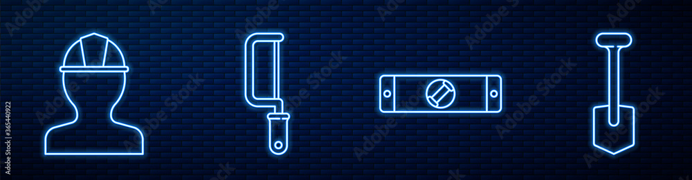 设置施工气泡级别、工人安全帽、钢锯和铲子。b上闪烁的霓虹灯图标
