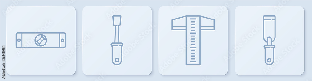 设置线构造气泡水平仪、T形方形线、螺丝刀和Rasp金属锉。白色方形但