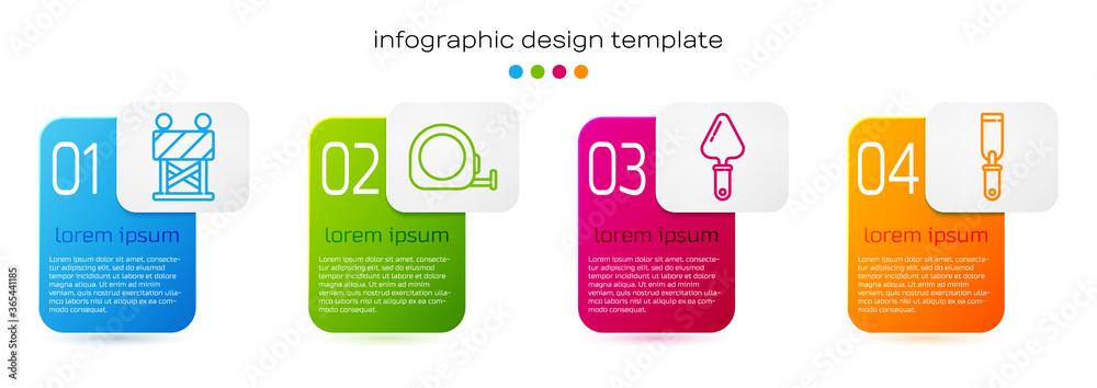 Set line Road barrier, Roulette construction, Trowel and Rasp metal file. Business infographic templ