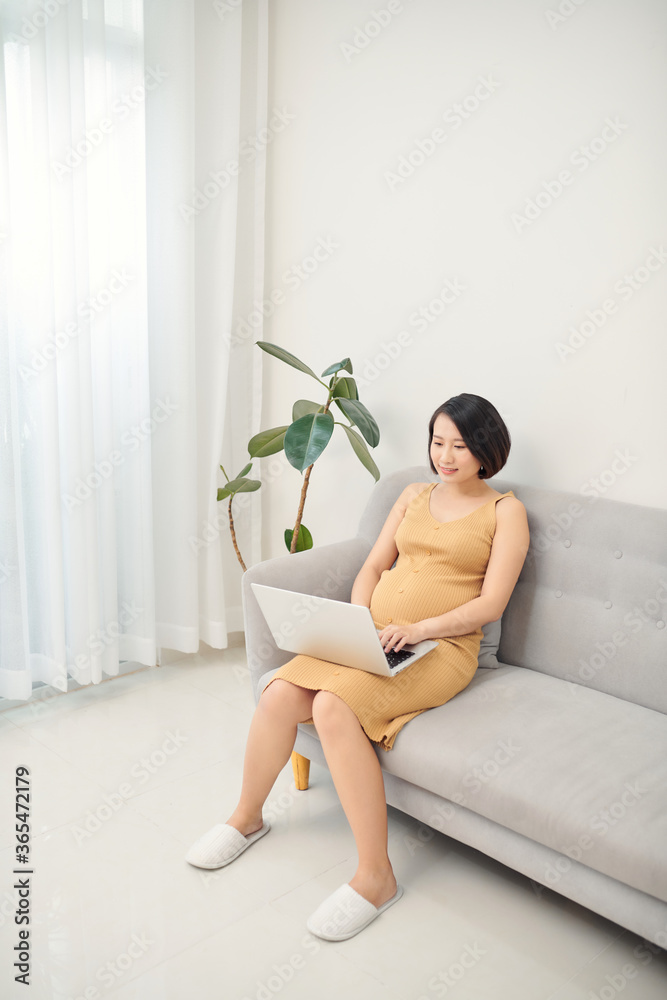 Young expectant lady surfing net, remote working, buying goods for newborn.