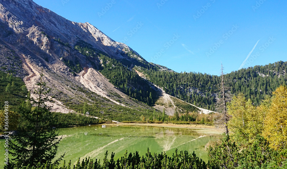 九月意大利白云石景观。绿色的山湖和周围明亮的植被。L