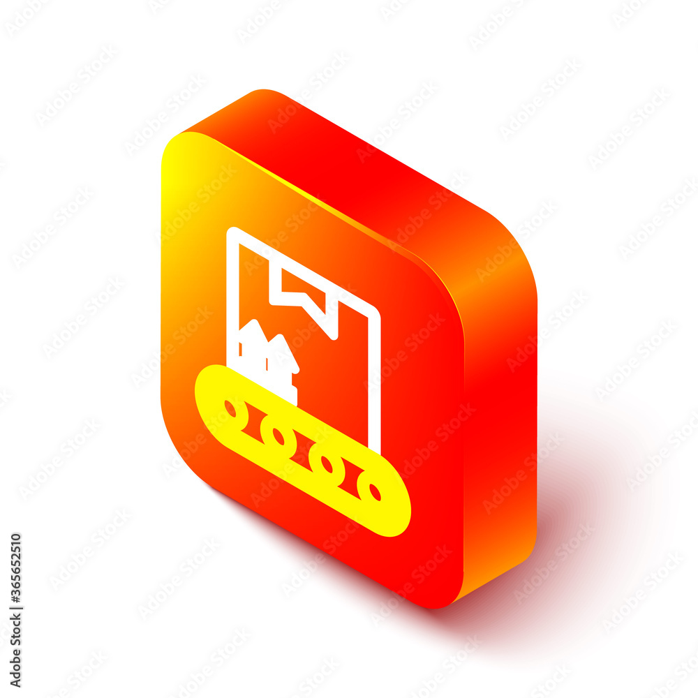 Isometric line Conveyor belt with cardboard box icon isolated on white background. Orange square but