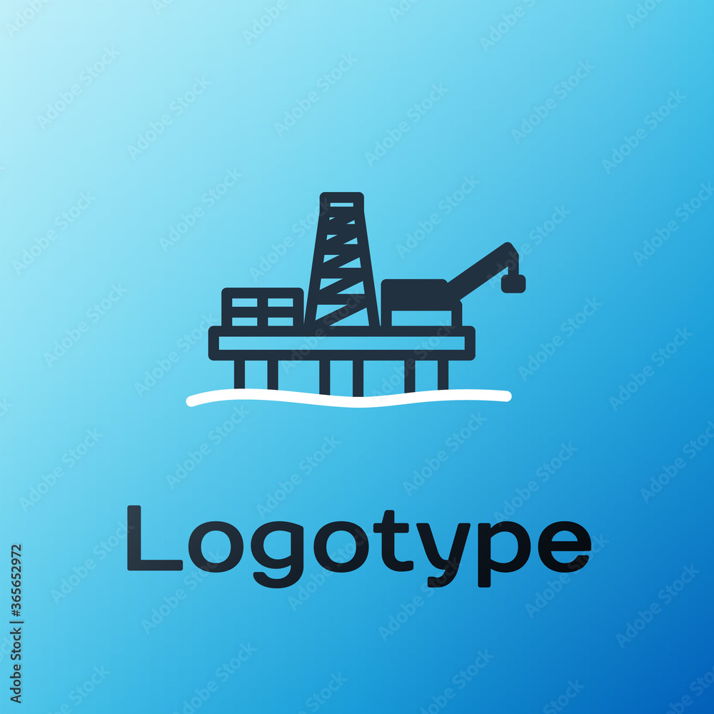 Line Oil platform in the sea icon isolated on blue background. Drilling rig at sea. Oil platform, ga