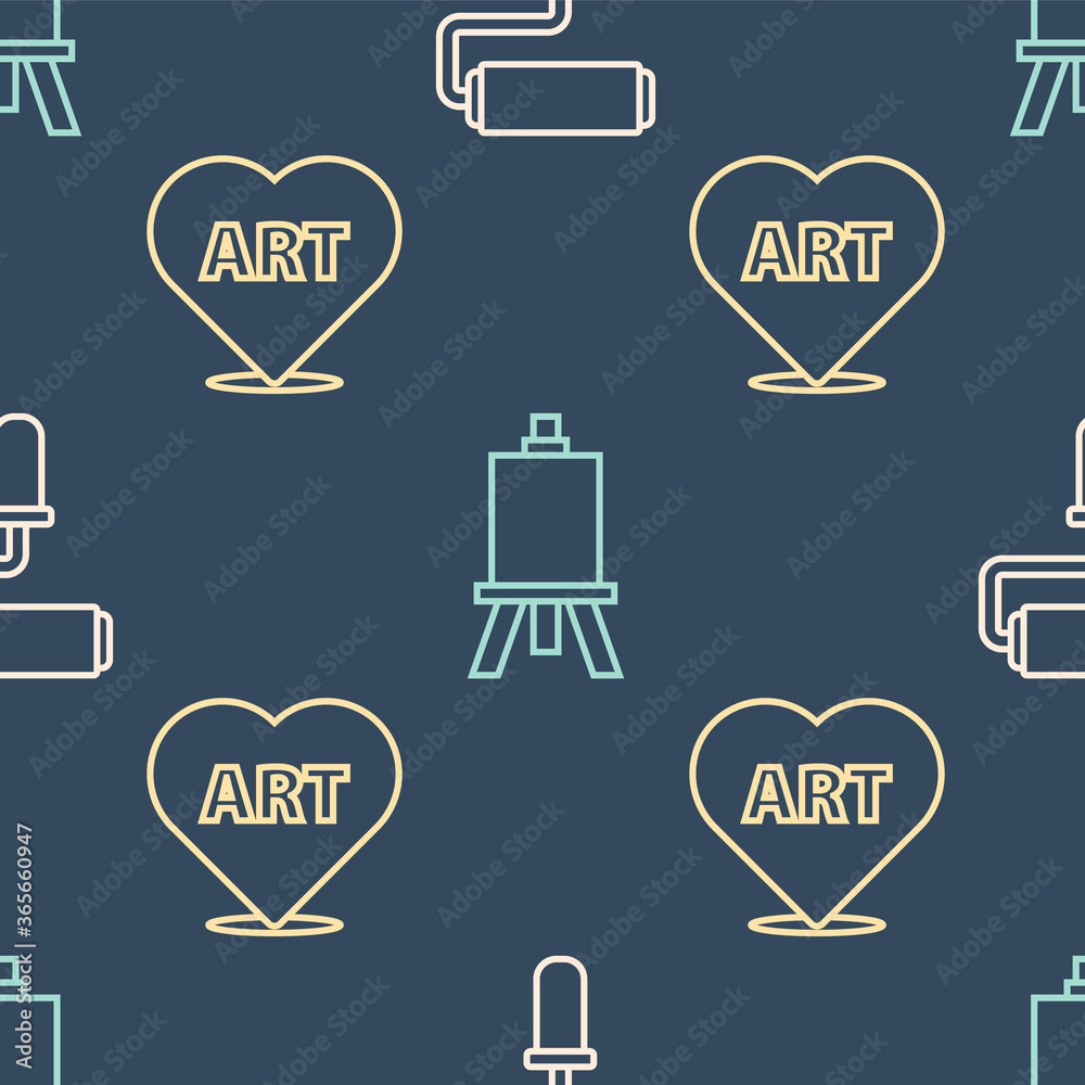 Set line Paint roller brush，Heart with text art and Easel or painting art board on无缝图案