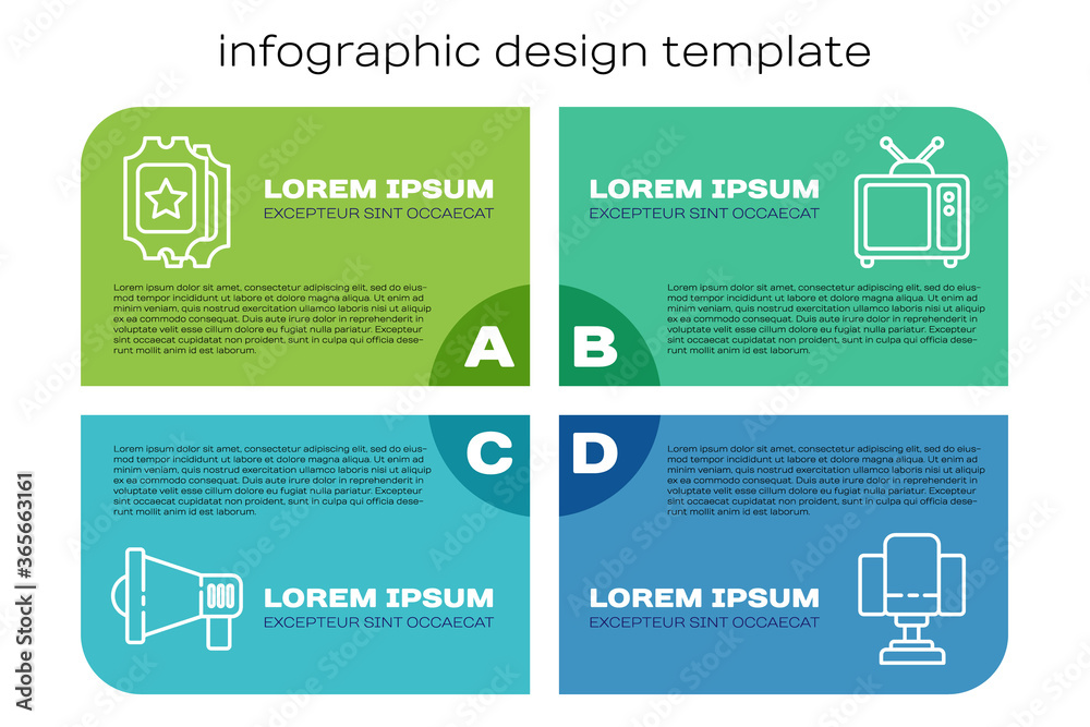 设置线路扩音器、电影票、导演电影椅和复古电视。商业信息图模板。