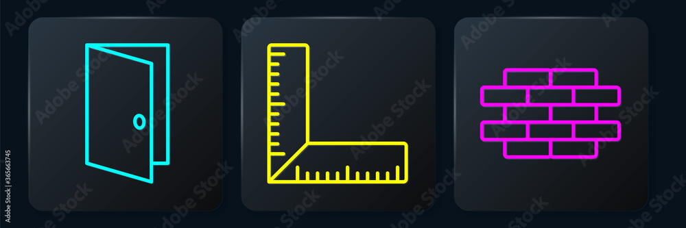 Set line Closed door, Bricks and Corner ruler. Black square button. Vector.