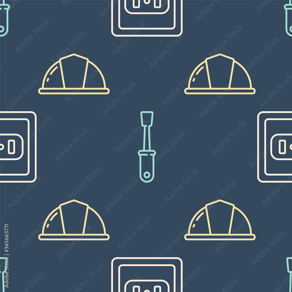 将电源插座、工人安全帽和螺丝刀设置在无缝图案上。矢量。