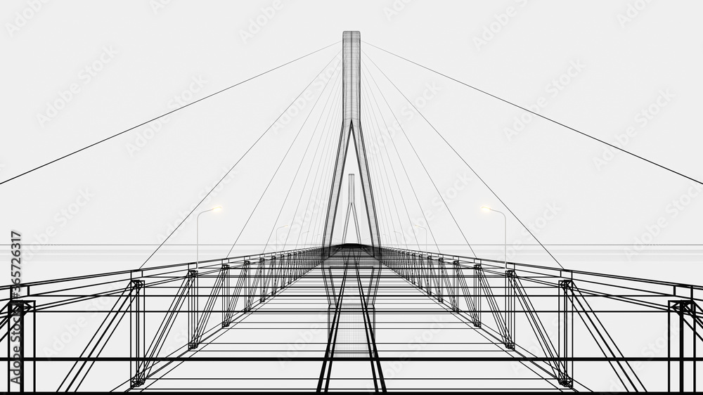 Sketch lines of suspension bridge, 3d rendering.