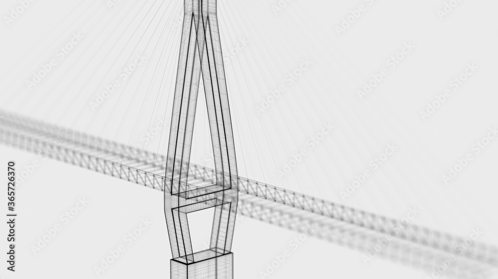 Sketch lines of suspension bridge, 3d rendering.