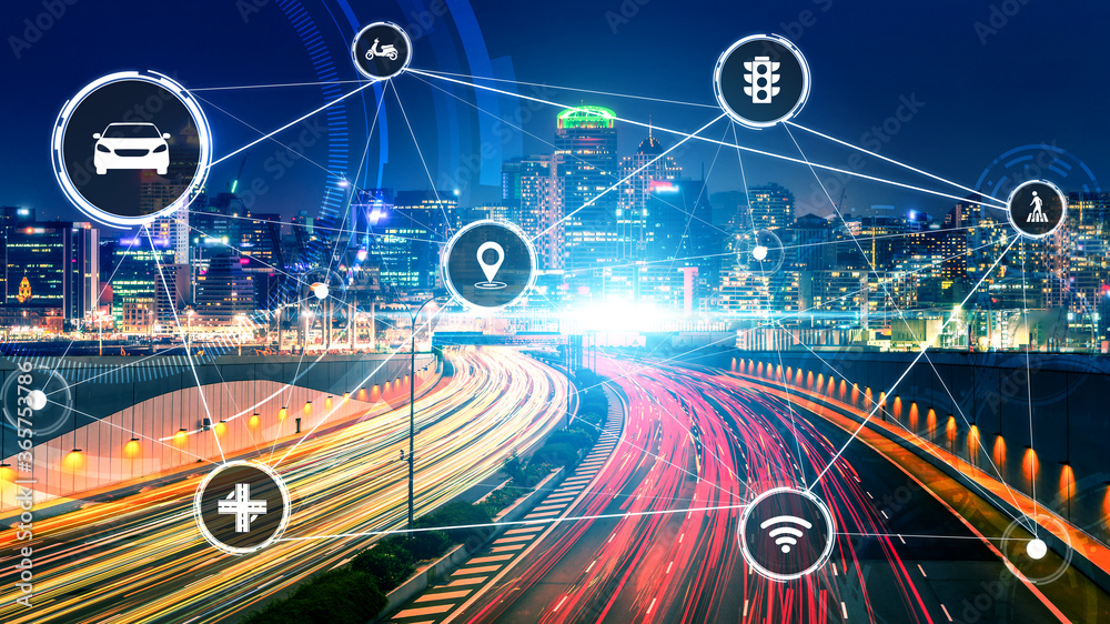 Smart transport technology concept for future car traffic on road . Virtual intelligent system makes