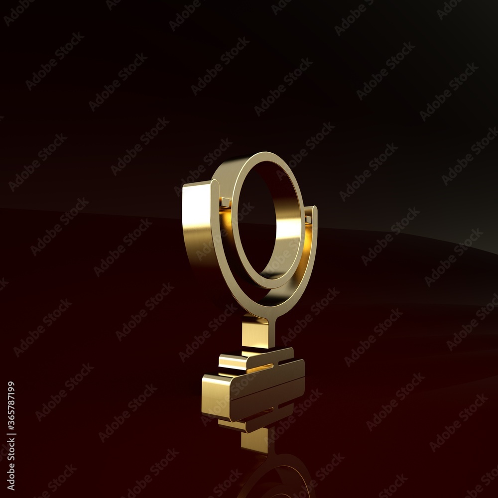 Gold Round makeup mirror icon isolated on brown background. Minimalism concept. 3d illustration 3D r