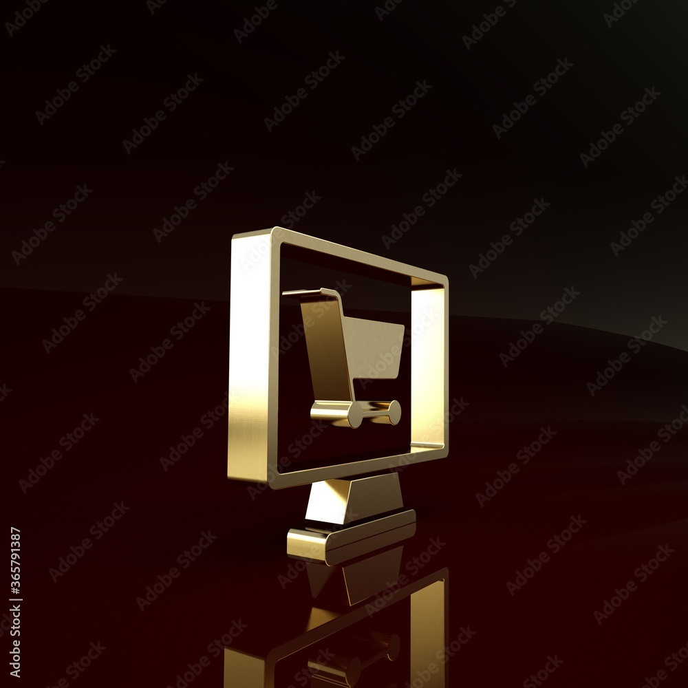 Gold Shopping cart on screen computer icon isolated on brown background. Concept e-commerce, e-busin