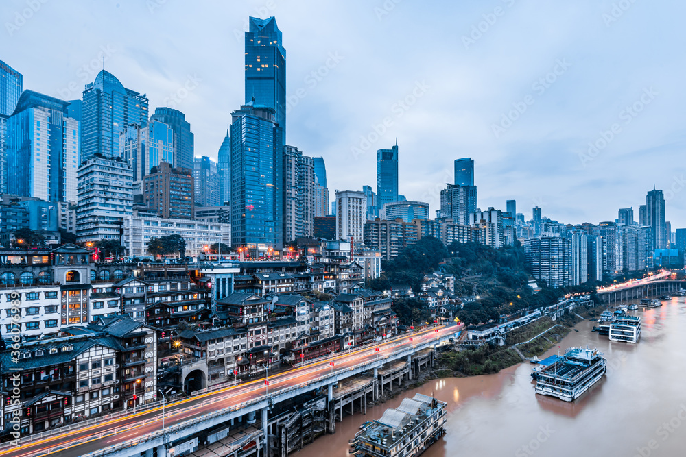 Hongyadong and skyline alongJialing River in Chongqing, China