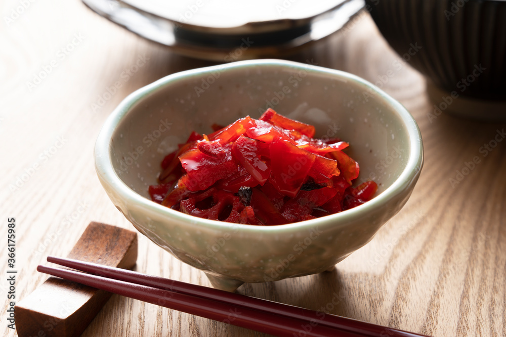 Japanese pickles. Red Fukujinzuke.sliced vegetables pickled in soy sauce.