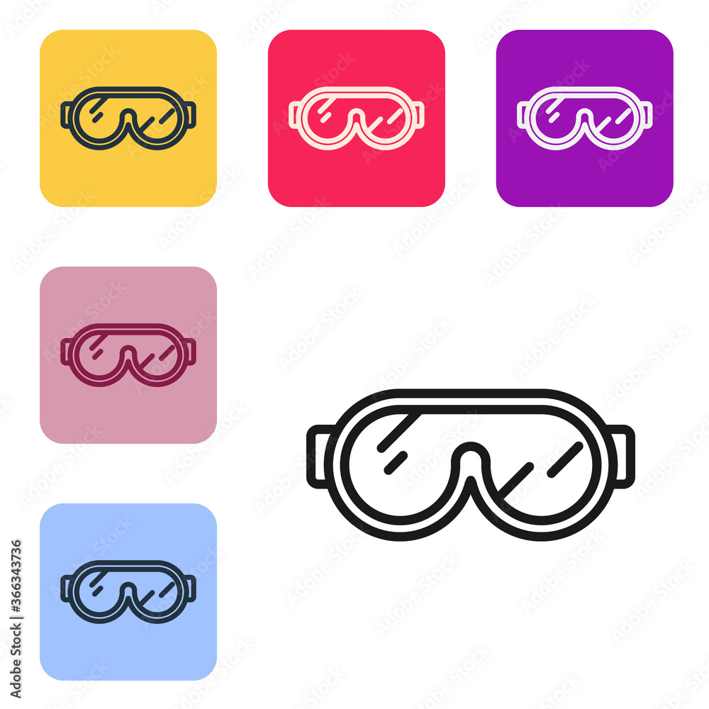 Black line Ski goggles icon isolated on white background. Extreme sport. Sport equipment. Set icons 