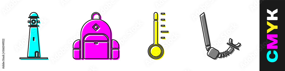 设置灯塔、徒步旅行背包、气象温度计和浮潜图标。矢量。