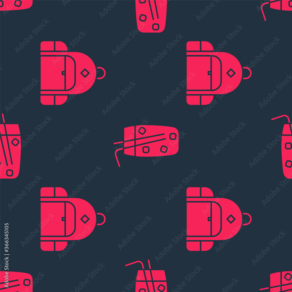 Set Hiking backpack and Cocktail and alcohol drink on seamless pattern. Vector.