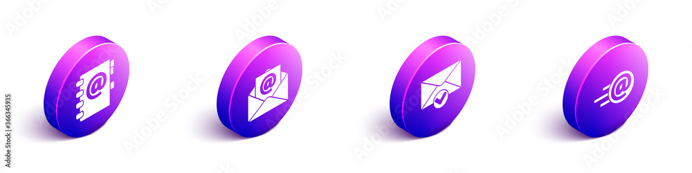 Set Isometric Address book, Mail and e-mail, Envelope and check mark and Mail and e-mail icon. Vecto