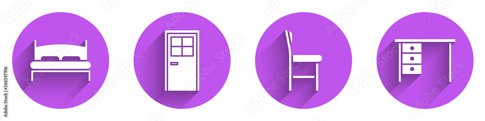 Set Big bed, Closed door, Chair and Office desk icon with long shadow. Vector.