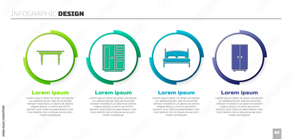 Set Wooden table, Wardrobe, Big bed and Wardrobe. Business infographic template. Vector.