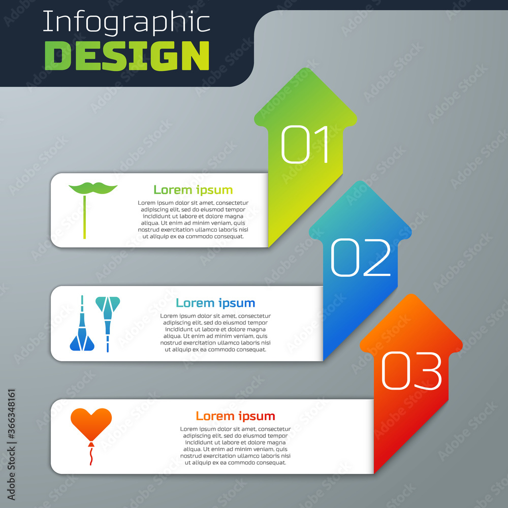 Set Paper mustache on stick, Dart arrow and Balloon in form of heart. Business infographic template.