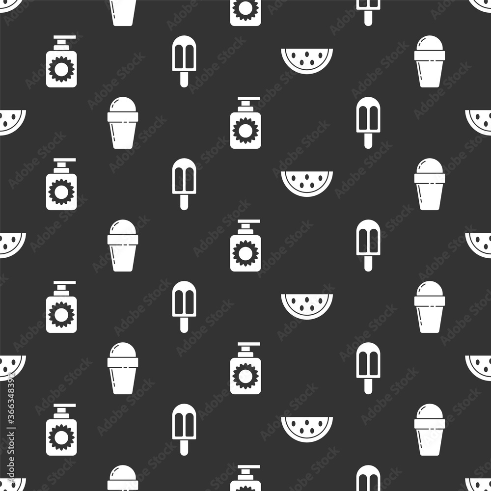 Set Watermelon, Ice cream in waffle cone, Sunscreen spray bottle and Ice cream on seamless pattern. 