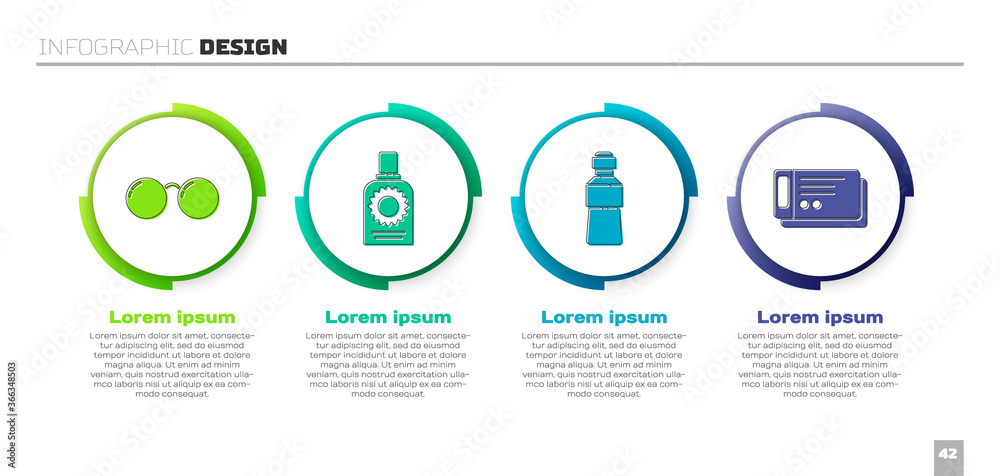 Set Glasses, Sunscreen spray bottle, Bottle of water and Travel ticket. Business infographic templat