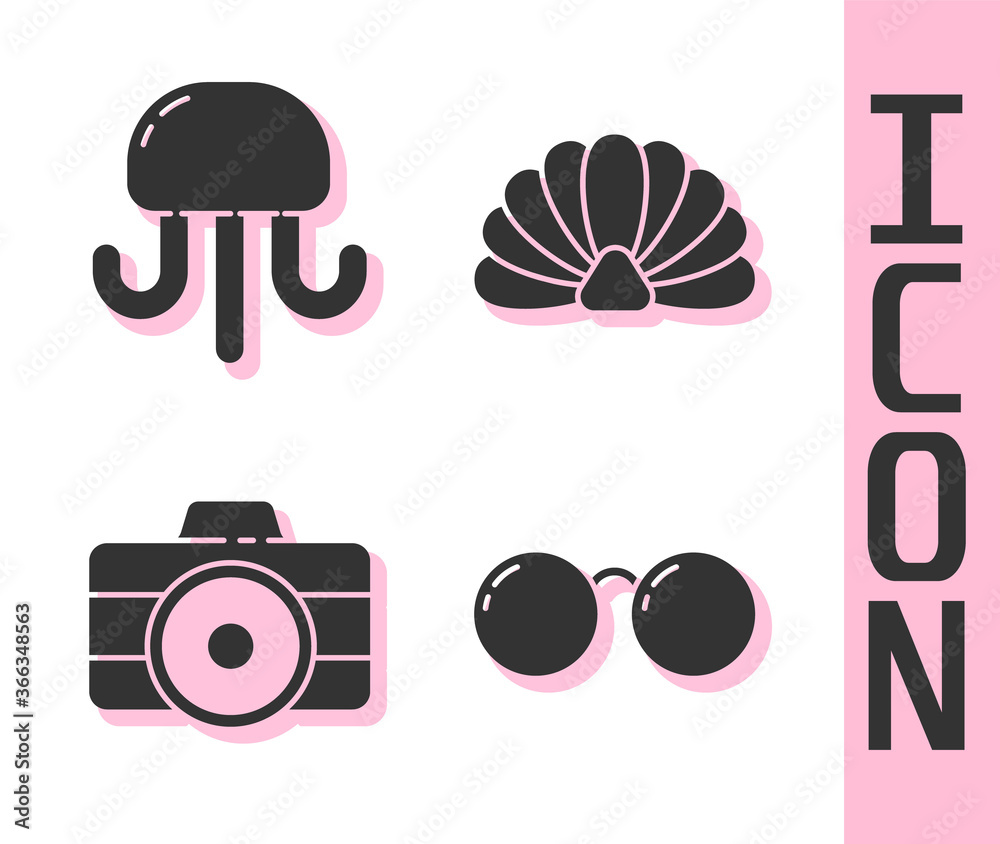 Set Glasses, Jellyfish, Photo camera and Scallop sea shell icon. Vector.