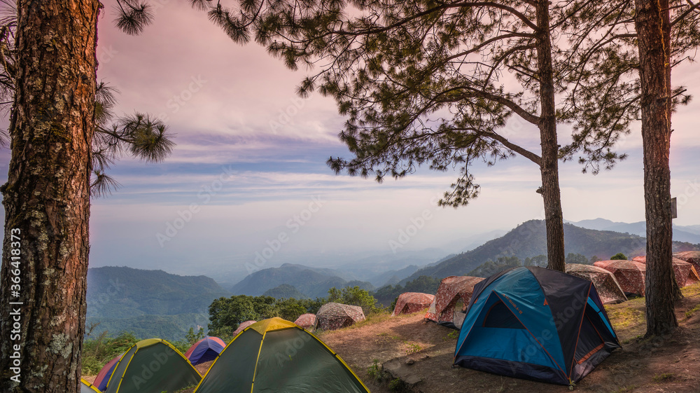 日出时的山谷。自然的夏季景观，清迈Doi Ang Khang露营地