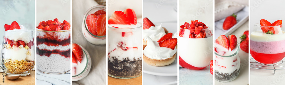 Collage of photos with tasty strawberry desserts